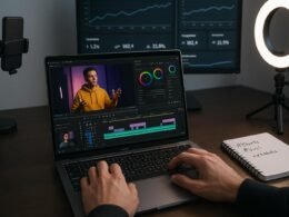 Nahaufnahme eines modernen Arbeitsplatzes mit Laptop, Smartphone-Halter, Beleuchtung und Analytics-Dashboard im Hintergrund, ideal für kreative Video-Produktion.