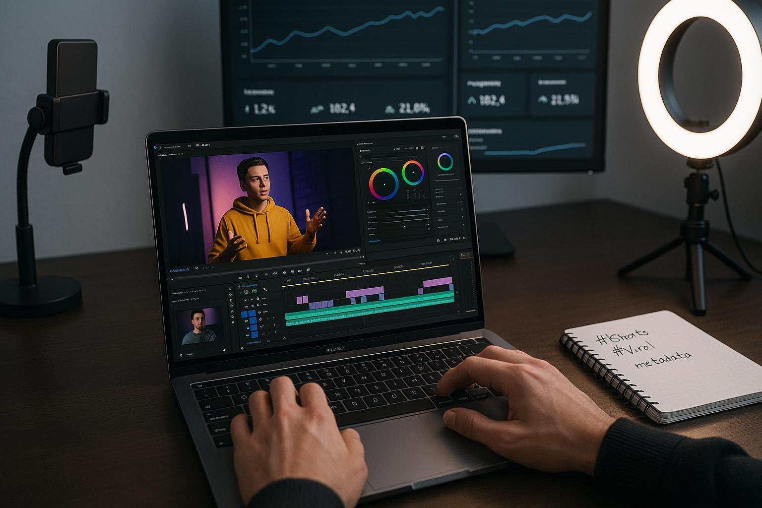 Nahaufnahme eines modernen Arbeitsplatzes mit Laptop, Smartphone-Halter, Beleuchtung und Analytics-Dashboard im Hintergrund, ideal für kreative Video-Produktion.