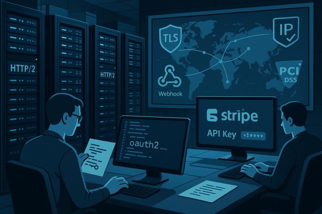 Modernes Serverraum-Setup mit Entwickler, Sicherheitssymbolen und Webhook-Kartenbild, unterstützt durch Stripe API