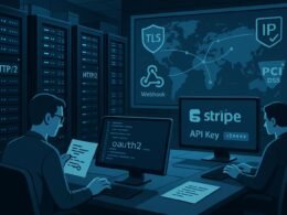 Modernes Serverraum-Setup mit Entwickler, Sicherheitssymbolen und Webhook-Kartenbild, unterstützt durch Stripe API