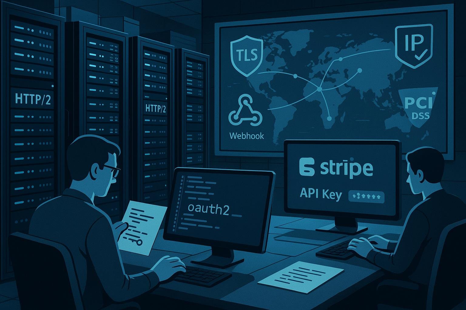 Modernes Serverraum-Setup mit Entwickler, Sicherheitssymbolen und Webhook-Kartenbild, unterstützt durch Stripe API