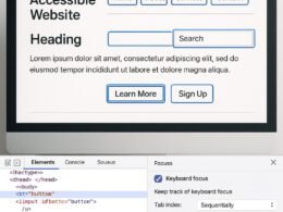 Moderne barrierefreie Website mit sichtbarem Tastaturfokus, Fokus-Management und Developer Tools im Browser im Hintergrund