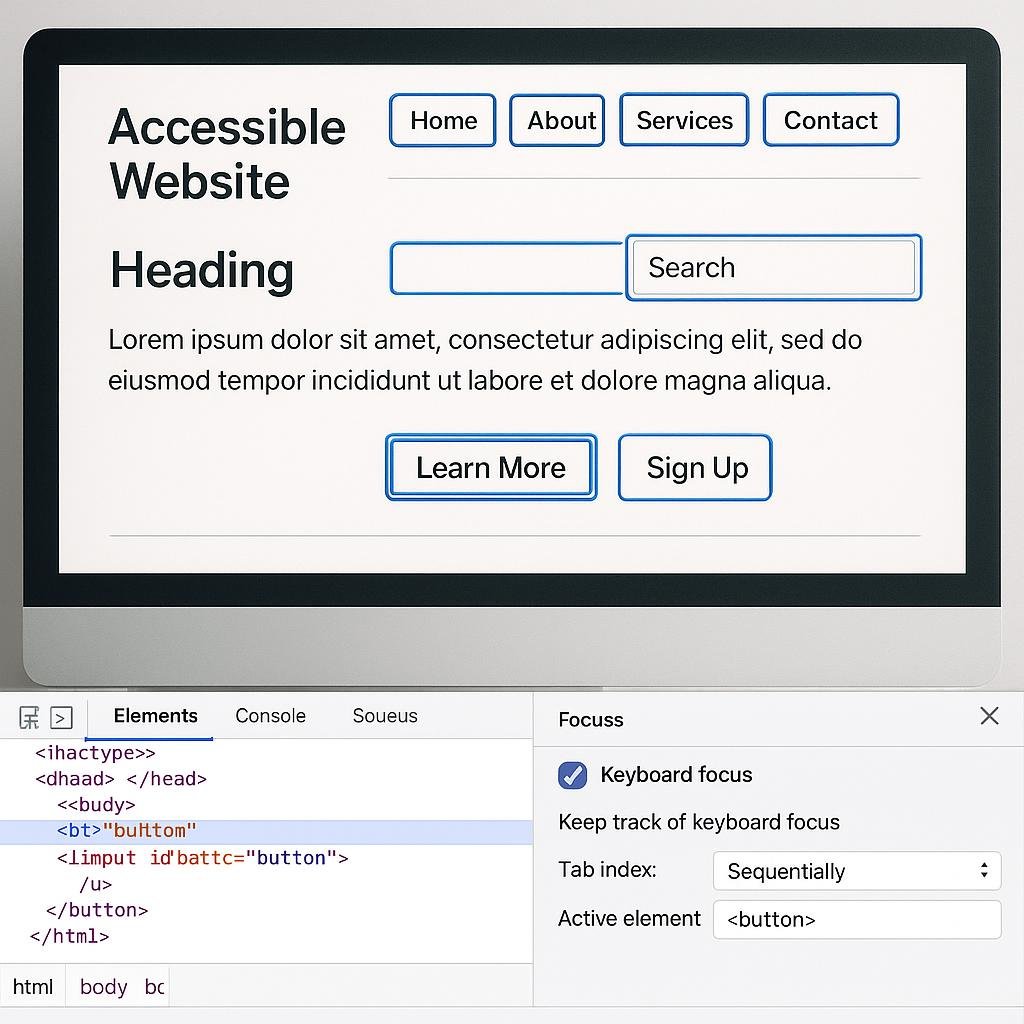 Moderne barrierefreie Website mit sichtbarem Tastaturfokus, Fokus-Management und Developer Tools im Browser im Hintergrund