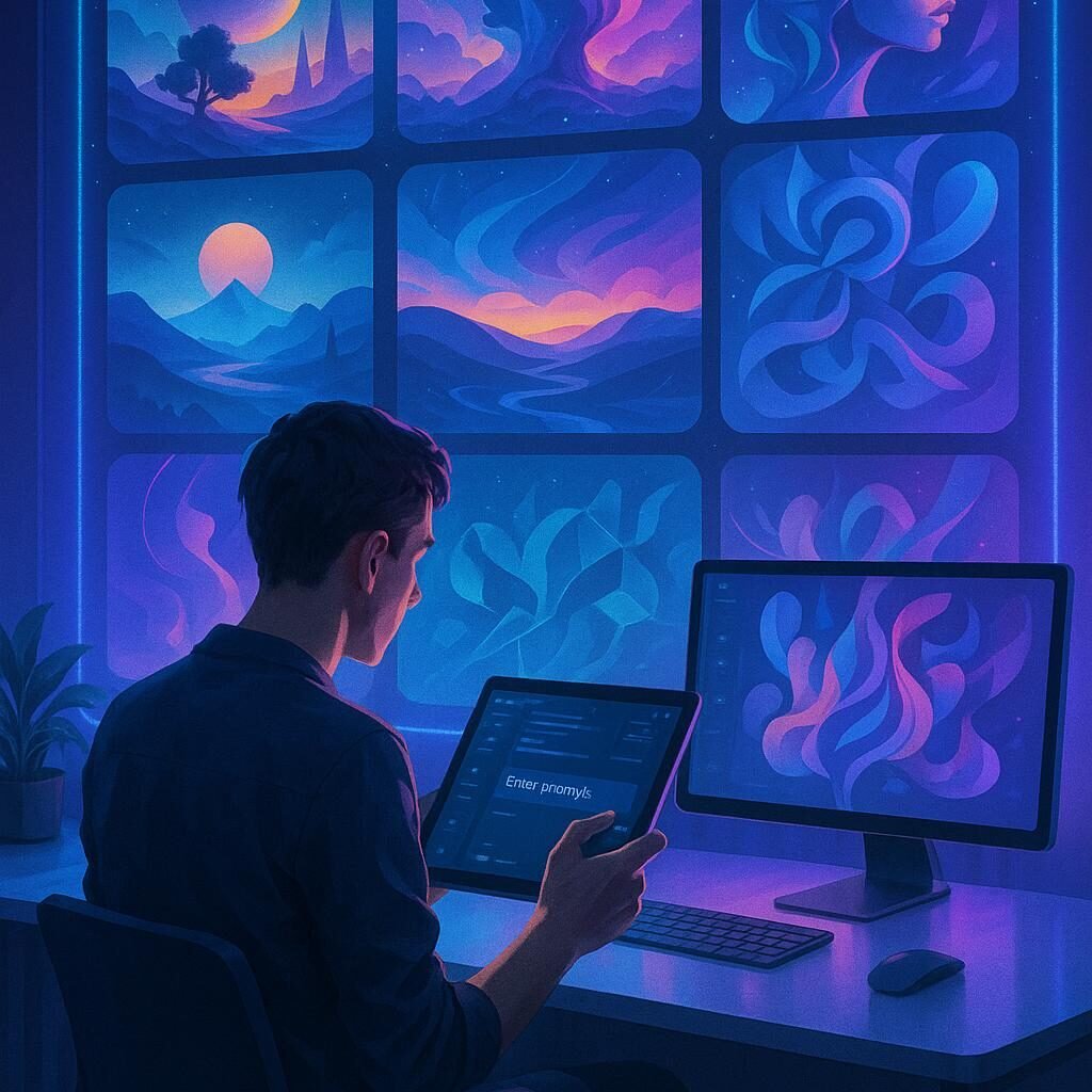 Person an stilvollem Schreibtisch mit digitalen Displays, holografischer Kunst im Hintergrund und Tablet in der Hand, inspiriert durch moderne KI-Technologie.