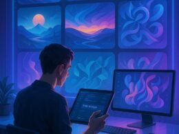 Person an stilvollem Schreibtisch mit digitalen Displays, holografischer Kunst im Hintergrund und Tablet in der Hand, inspiriert durch moderne KI-Technologie.