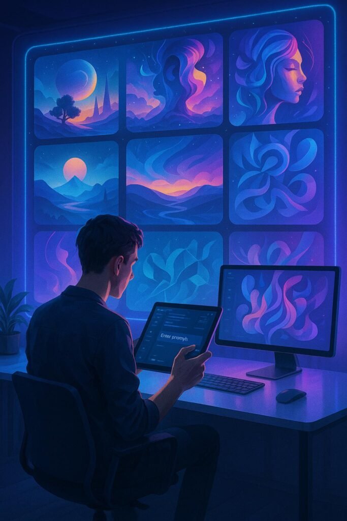 Person an stilvollem Schreibtisch mit digitalen Displays, holografischer Kunst im Hintergrund und Tablet in der Hand, inspiriert durch moderne KI-Technologie.