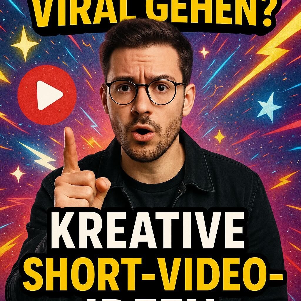 Moderator schaut in die Kamera und stellt die provokante Frage ‚Willst du viral gehen?‘, vor einem bunten, pulsierenden Hintergrund mit Blitz- und Glitzereffekten, ergänzt durch Icons wie Play-Button, Hashtag und Daumen hoch.