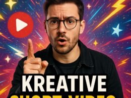 Moderator schaut in die Kamera und stellt die provokante Frage ‚Willst du viral gehen?‘, vor einem bunten, pulsierenden Hintergrund mit Blitz- und Glitzereffekten, ergänzt durch Icons wie Play-Button, Hashtag und Daumen hoch.