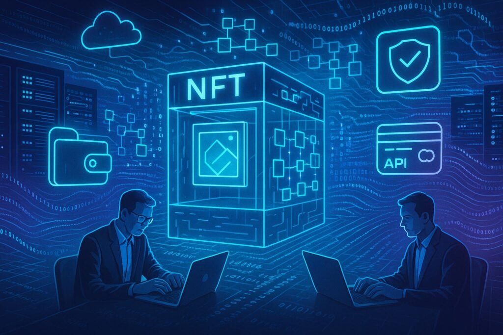 Futuristischer Digital-Marktplatz mit transparentem NFT-Store, Blockchain-Visualisierungen, Server-Racks und holographischen Icons von Wallets und Zahlungs-APIs