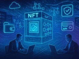 Futuristischer Digital-Marktplatz mit transparentem NFT-Store, Blockchain-Visualisierungen, Server-Racks und holographischen Icons von Wallets und Zahlungs-APIs