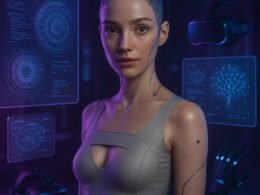 Futuristische Virtual-Reality-Szene mit humanoidem Avatar, holographischen Interfaces und multidimensionaler Technologie, die die Zukunft digitaler Intimität darstellen