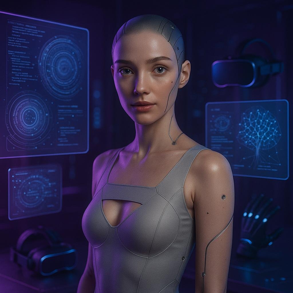 Futuristische Virtual-Reality-Szene mit humanoidem Avatar, holographischen Interfaces und multidimensionaler Technologie, die die Zukunft digitaler Intimität darstellen