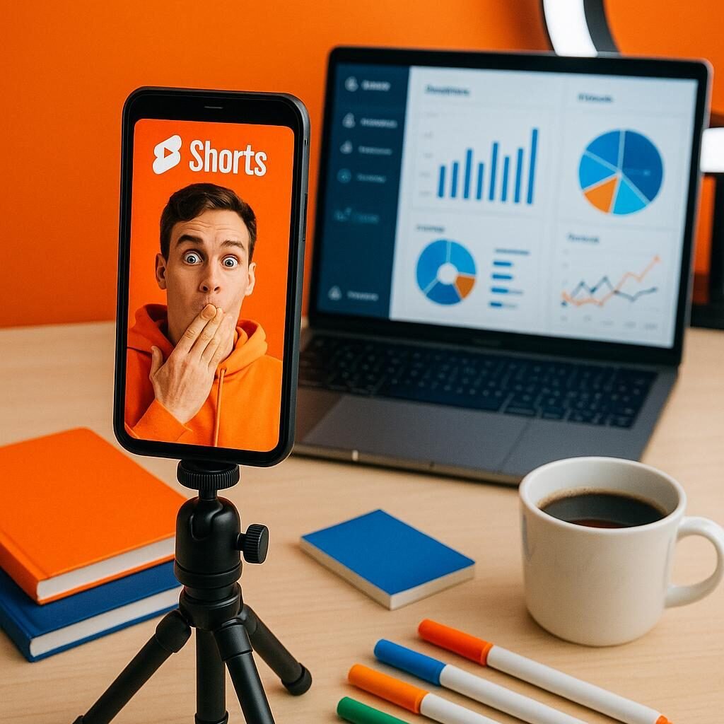 Modernes YouTube Shorts-Setup mit Smartphone auf Stativ, Notizbüchern, Kaffee und Laptop mit Datenanalysen im Hintergrund, in kräftigen Farben wie Orange, Blau und Weiß.