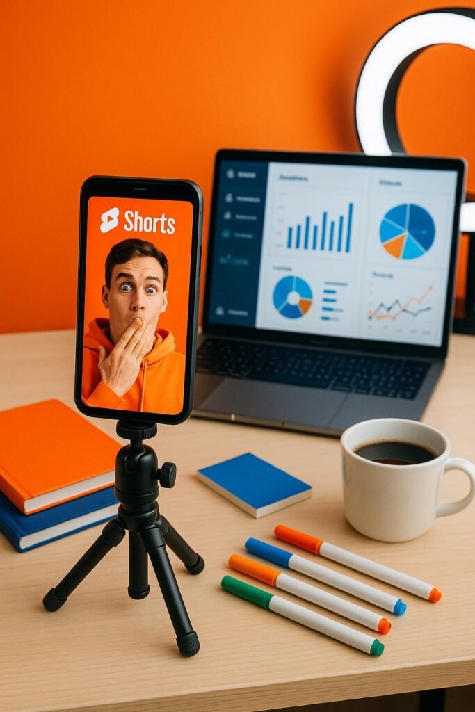 Modernes YouTube Shorts-Setup mit Smartphone auf Stativ, Notizbüchern, Kaffee und Laptop mit Datenanalysen im Hintergrund, in kräftigen Farben wie Orange, Blau und Weiß.