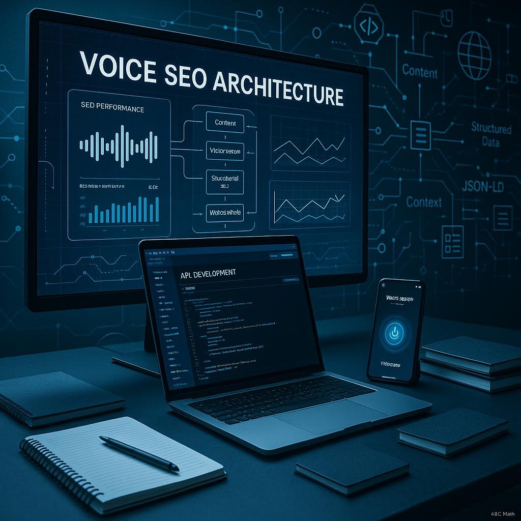 Futuristischer moderner Arbeitsplatz mit großem Bildschirm, API-Plattform, Notizbüchern, Smartphone mit Sprachsuche und schematischen Darstellungen von Datenströmen sowie JSON-LD-Icons.