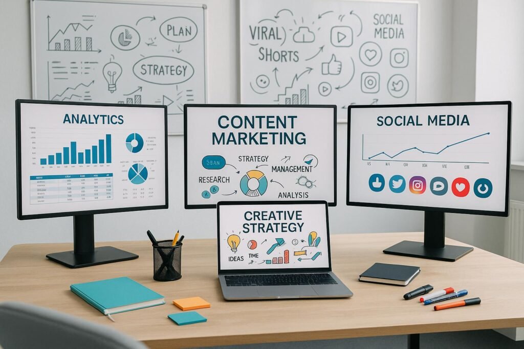 Modernes Büro mit Monitoren, Whiteboards, Notizbüchern und kreativen Werkzeugen, zeigt analytische Daten und Content-Strategien für virale Shorts.