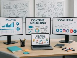 Modernes Büro mit Monitoren, Whiteboards, Notizbüchern und kreativen Werkzeugen, zeigt analytische Daten und Content-Strategien für virale Shorts.