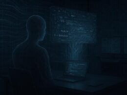 Futuristisches Büro im Dunkelmodus mit digitaler Silhouette, holographischem Interface und virtuellen Datenströmen, das die Unsichtbarkeit und Manipulation durch KI-Technologie symbolisiert.