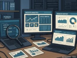 Detaillierter digitaler Arbeitsplatz mit Monitoren, technischen Tools, Charts und Serverracks für SEO-Analyse und Troubleshooting