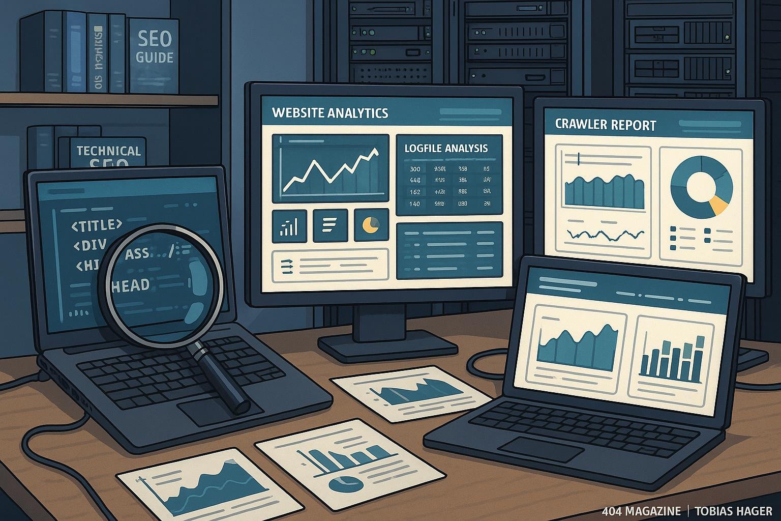 Detaillierter digitaler Arbeitsplatz mit Monitoren, technischen Tools, Charts und Serverracks für SEO-Analyse und Troubleshooting