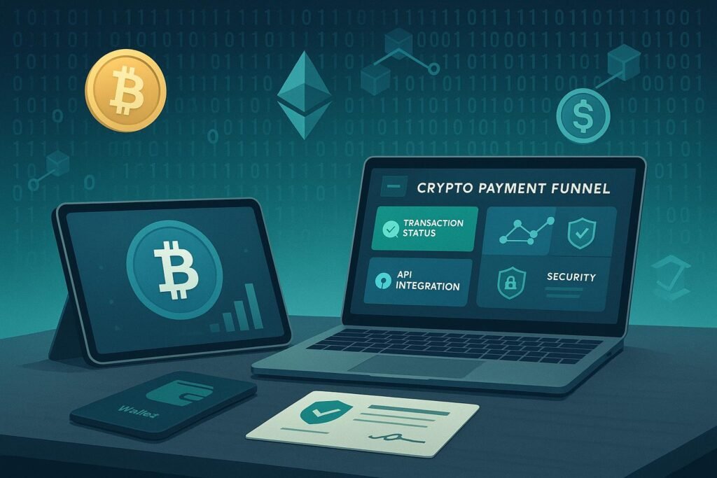 Modernes Krypto-Workspace mit Tablet, Laptop, Kryptowährungs-Icons und Blockchain-Hintergrund