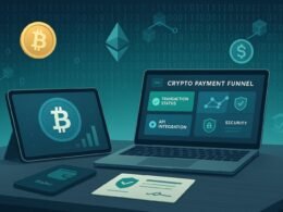 Modernes Krypto-Workspace mit Tablet, Laptop, Kryptowährungs-Icons und Blockchain-Hintergrund