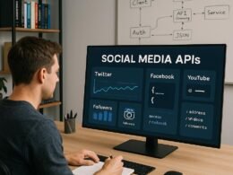 Person in casualer Kleidung arbeitet in einem modernen, aufgeräumten Büro vor einem Bildschirm mit Social-Media-API-Übersicht, im Hintergrund Regale mit technischen Büchern und Whiteboard mit Skizzen