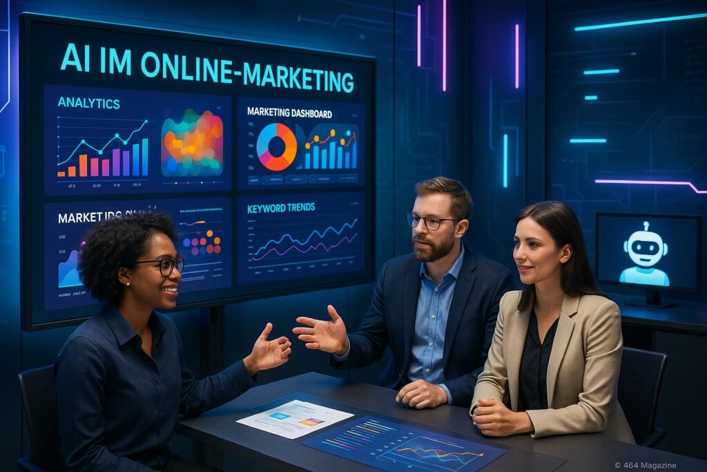 Vielseitige Marketingprofis diskutieren vor einem digitalen Bildschirm mit Datenvisualisierungen und KI-Algorithmen in einem futuristischen Büroambiente