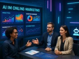 Vielseitige Marketingprofis diskutieren vor einem digitalen Bildschirm mit Datenvisualisierungen und KI-Algorithmen in einem futuristischen Büroambiente