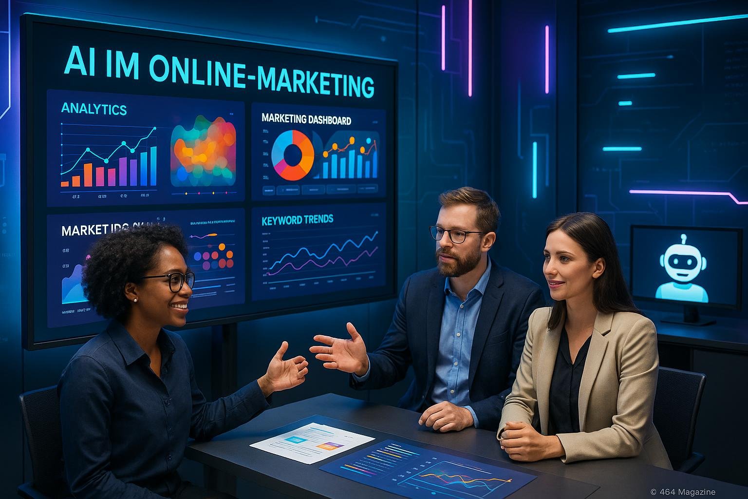 Vielseitige Marketingprofis diskutieren vor einem digitalen Bildschirm mit Datenvisualisierungen und KI-Algorithmen in einem futuristischen Büroambiente