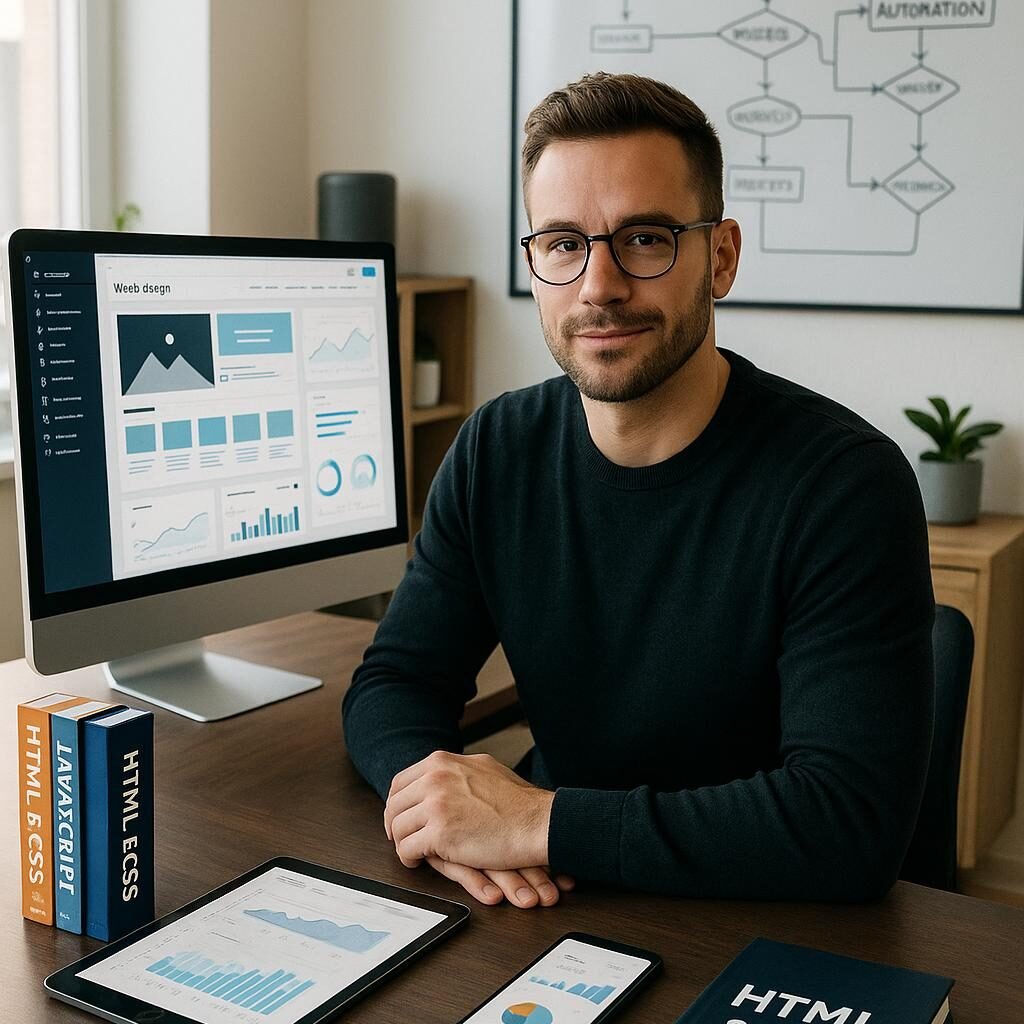 Moderner Unternehmer sitzt selbstsicher an einem minimalistischen Arbeitsplatz mit Computer, Coding-Büchern, Tablet und Smartphone, umgeben von Technikgadgets und holografischen Workflow-Diagrammen