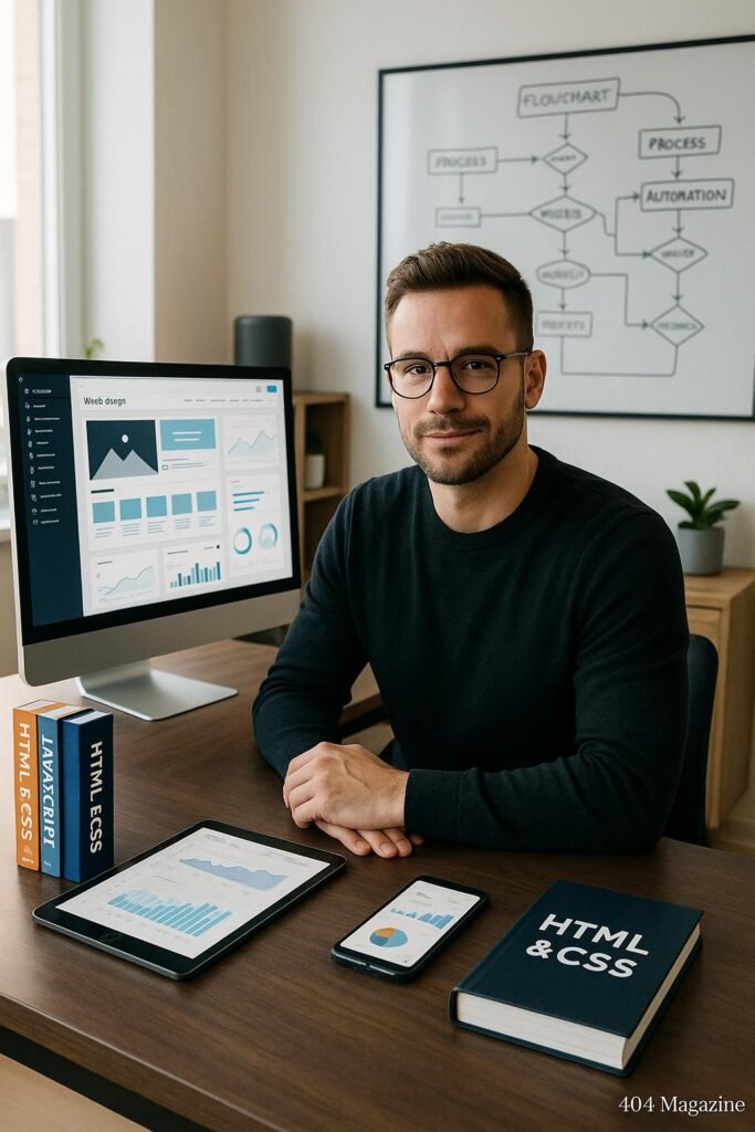 Moderner Unternehmer sitzt selbstsicher an einem minimalistischen Arbeitsplatz mit Computer, Coding-Büchern, Tablet und Smartphone, umgeben von Technikgadgets und holografischen Workflow-Diagrammen