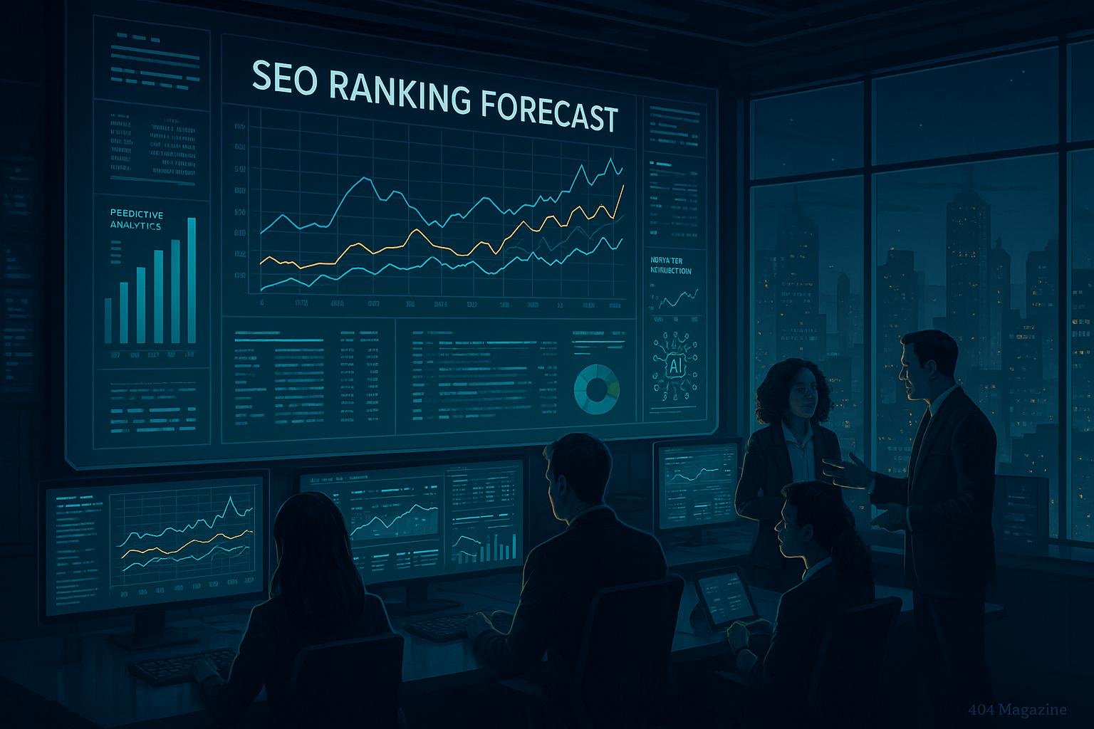 Futuristischer Kontrollraum mit digitalen Bildschirmen, Analytikern und einem Stadtblick, der KI und Echtzeitdaten zur SEO-Ranking-Vorhersage zeigt