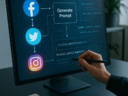 Moderner Arbeitsplatz mit Touchscreen-Design, Social-Media-Icons und holografischen Datenfluss-Overlays, Credit: 404 Magazine (Tobias Hager)