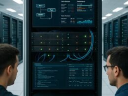 Modernes Computerrack in einem hellen, gut beleuchteten Serverraum mit Monitoren, Kabelmanagement und Entwickler, die automatisierte Deployment-Prozesse überwachen.