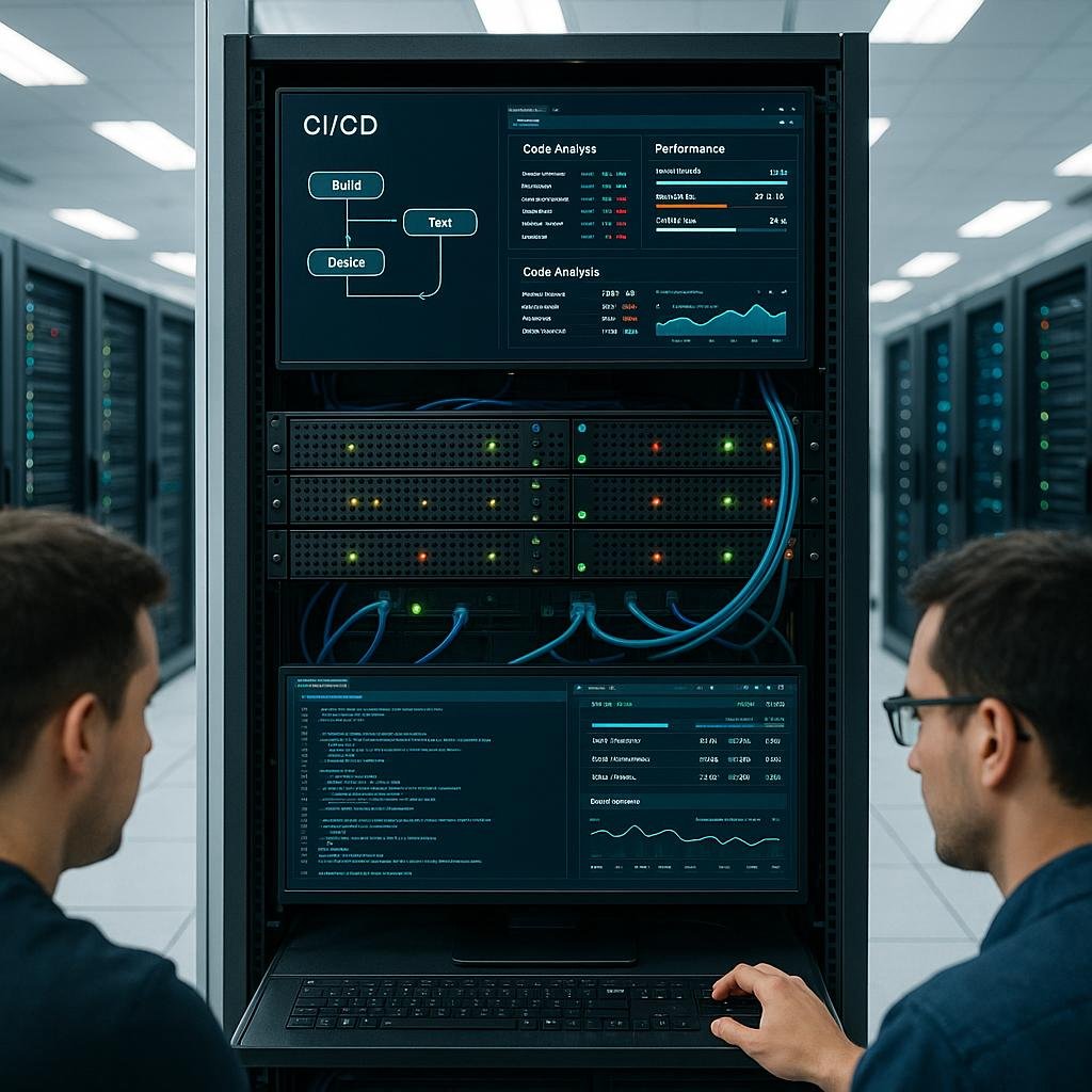 Modernes Computerrack in einem hellen, gut beleuchteten Serverraum mit Monitoren, Kabelmanagement und Entwickler, die automatisierte Deployment-Prozesse überwachen.