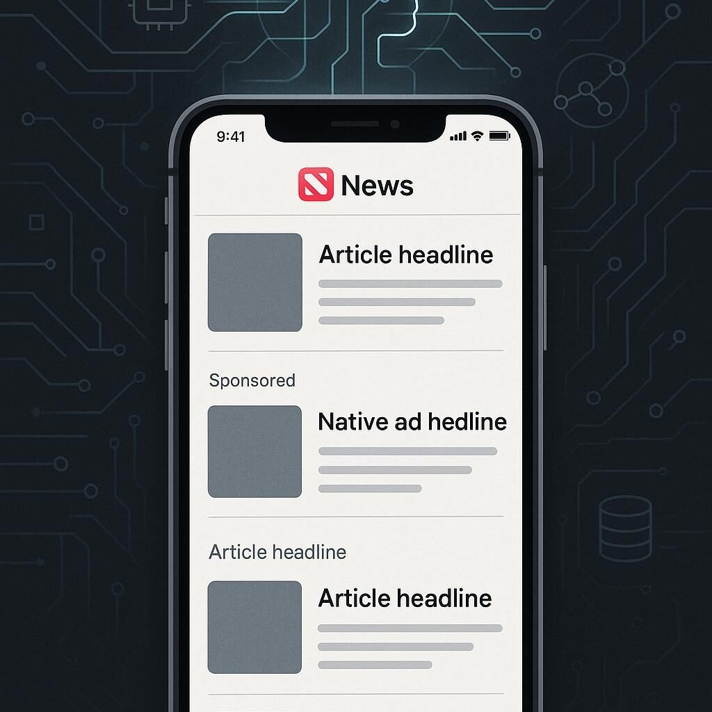 Moderne Illustration eines Smartphones mit Apple News-Umgebung, integriertem KI-Datenverkehr und digitalem Hintergrund mit Circuit-Board-Design, credit: 404 Magazine (Tobias Hager)