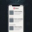 Moderne Illustration eines Smartphones mit Apple News-Umgebung, integriertem KI-Datenverkehr und digitalem Hintergrund mit Circuit-Board-Design, credit: 404 Magazine (Tobias Hager)