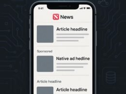 Moderne Illustration eines Smartphones mit Apple News-Umgebung, integriertem KI-Datenverkehr und digitalem Hintergrund mit Circuit-Board-Design, credit: 404 Magazine (Tobias Hager)