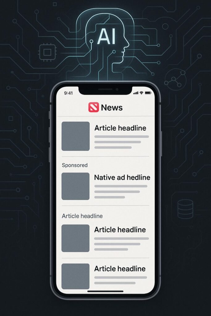 Moderne Illustration eines Smartphones mit Apple News-Umgebung, integriertem KI-Datenverkehr und digitalem Hintergrund mit Circuit-Board-Design, credit: 404 Magazine (Tobias Hager)