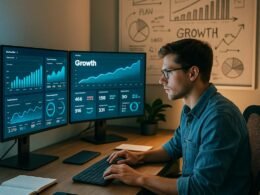 Moderner digitaler Arbeitsplatz mit mehreren Monitoren, Datenvisualisierungen und Strategietafeln, beleuchtet von energischer Beleuchtung, erstellt von Tobias Hager für 404 Magazine