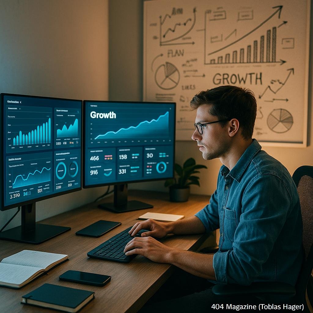 Moderner digitaler Arbeitsplatz mit mehreren Monitoren, Datenvisualisierungen und Strategietafeln, beleuchtet von energischer Beleuchtung, erstellt von Tobias Hager für 404 Magazine