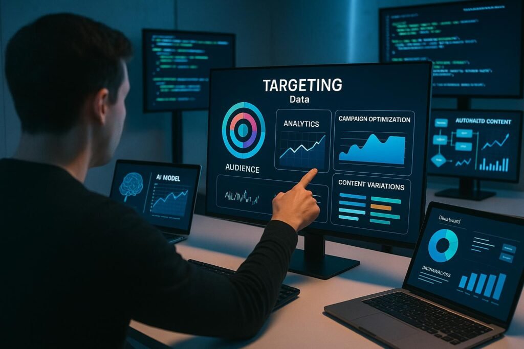 Person zeigt auf einen Bildschirm mit Targeting-Daten, Diagrammen und Content-Varianten im modernen, digitalen Arbeitsumfeld mit mehreren Monitoren und Laptops