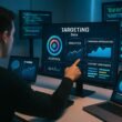 Person zeigt auf einen Bildschirm mit Targeting-Daten, Diagrammen und Content-Varianten im modernen, digitalen Arbeitsumfeld mit mehreren Monitoren und Laptops