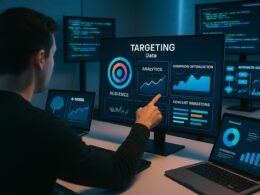 Person zeigt auf einen Bildschirm mit Targeting-Daten, Diagrammen und Content-Varianten im modernen, digitalen Arbeitsumfeld mit mehreren Monitoren und Laptops