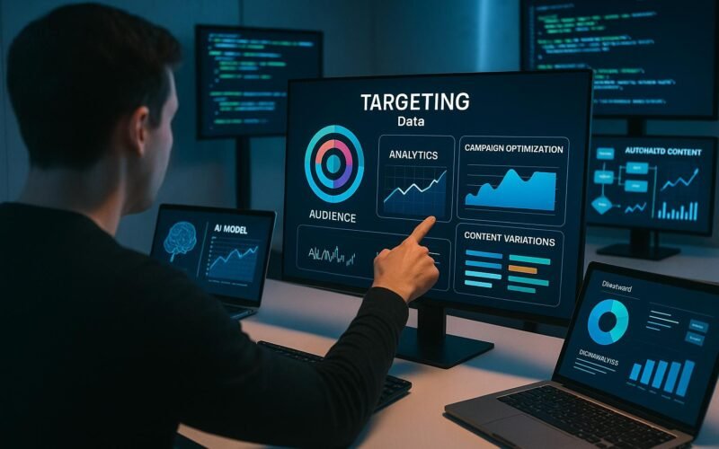 Person zeigt auf einen Bildschirm mit Targeting-Daten, Diagrammen und Content-Varianten im modernen, digitalen Arbeitsumfeld mit mehreren Monitoren und Laptops