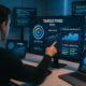 Person zeigt auf einen Bildschirm mit Targeting-Daten, Diagrammen und Content-Varianten im modernen, digitalen Arbeitsumfeld mit mehreren Monitoren und Laptops