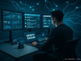 Futuristischer Arbeitsplatz mit hochmodernen Monitoren, digitalen Grafiken und einer Person, die an Automatisierungs- und Datenanalyse-Tools arbeitet