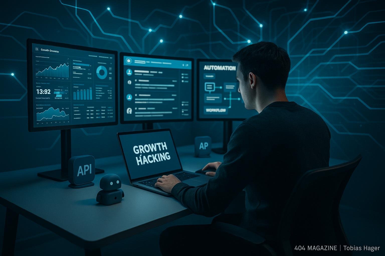 Futuristischer Arbeitsplatz mit hochmodernen Monitoren, digitalen Grafiken und einer Person, die an Automatisierungs- und Datenanalyse-Tools arbeitet