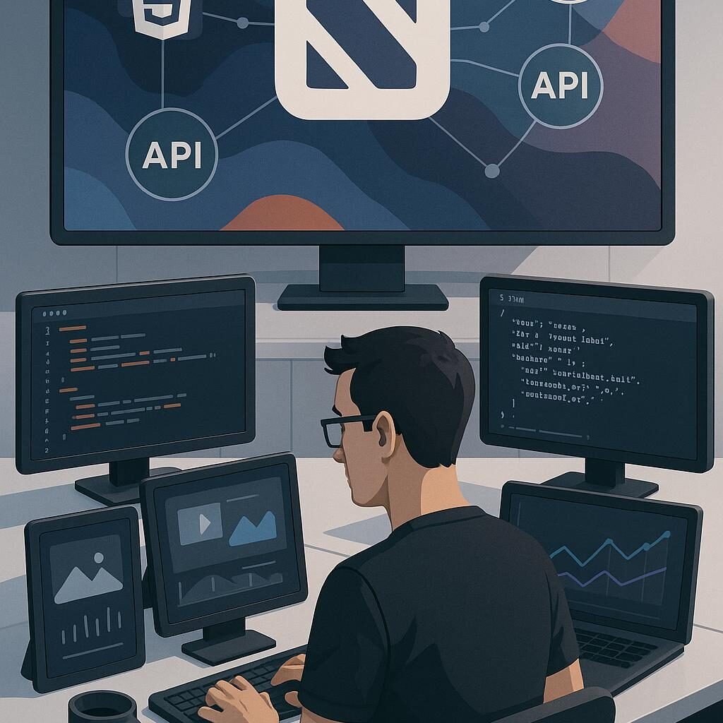 Moderner digitaler Arbeitsplatz mit mehreren Bildschirmen, Code, JSON-Feeds und Mediengraphen, im Hintergrund eine Darstellung des Apple News-Ökosystems mit HTML5, AMP und API-Integrationen